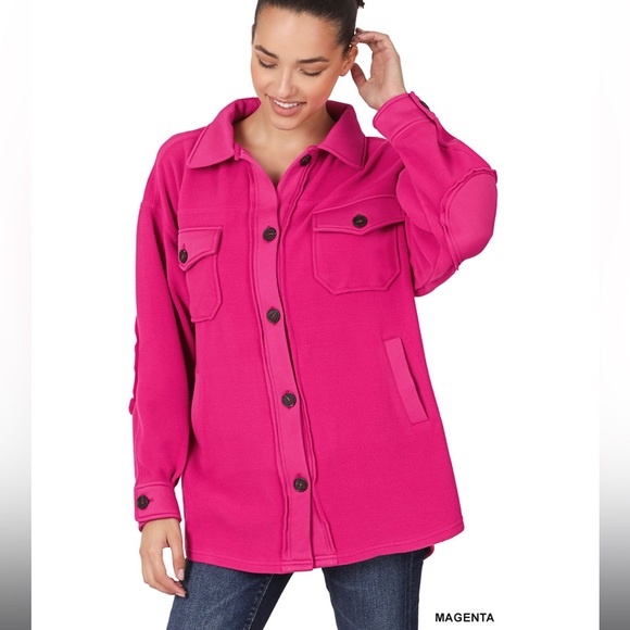 Zenana All About the Fleece Lightweight Button-Down Shacket magenta medium - Picture 2 of 2